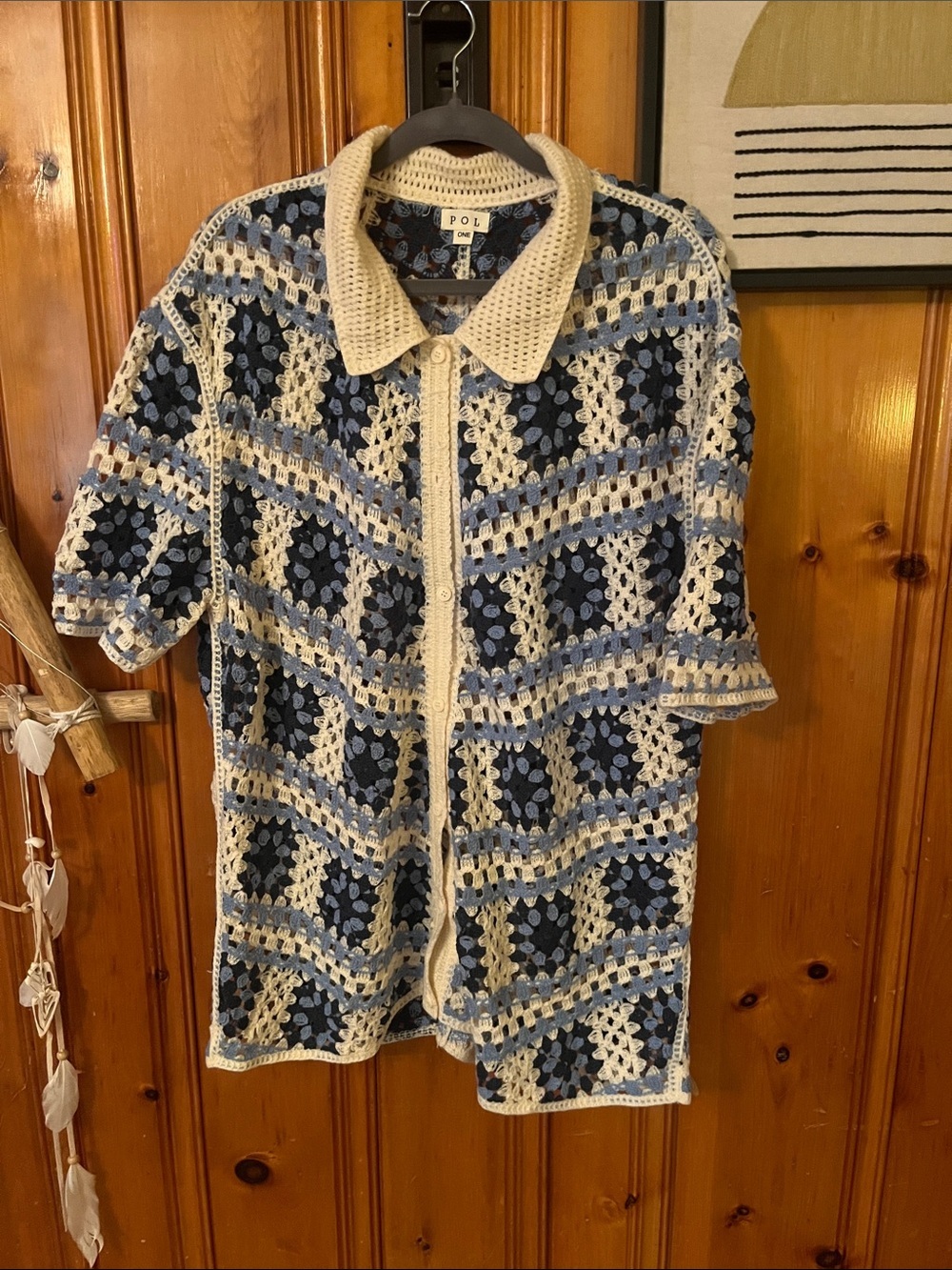 POL Crochet Short-Sleeve Cardigan in Blue and Cream - Picture 1 of 4